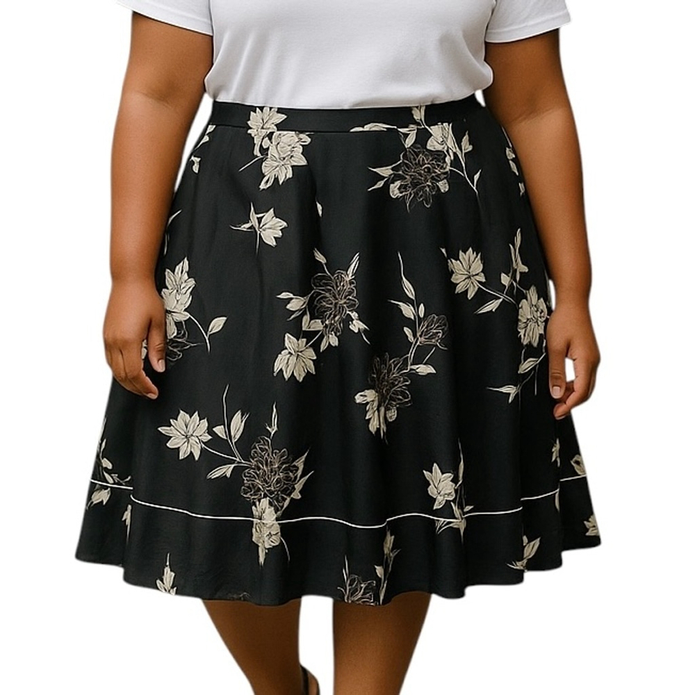 Jacques Vert Taffeta Midi Skirt Black Floral Size 18